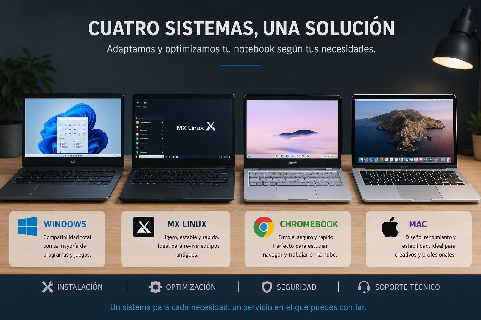 Windows, MX Linux, Chromebook y macOS